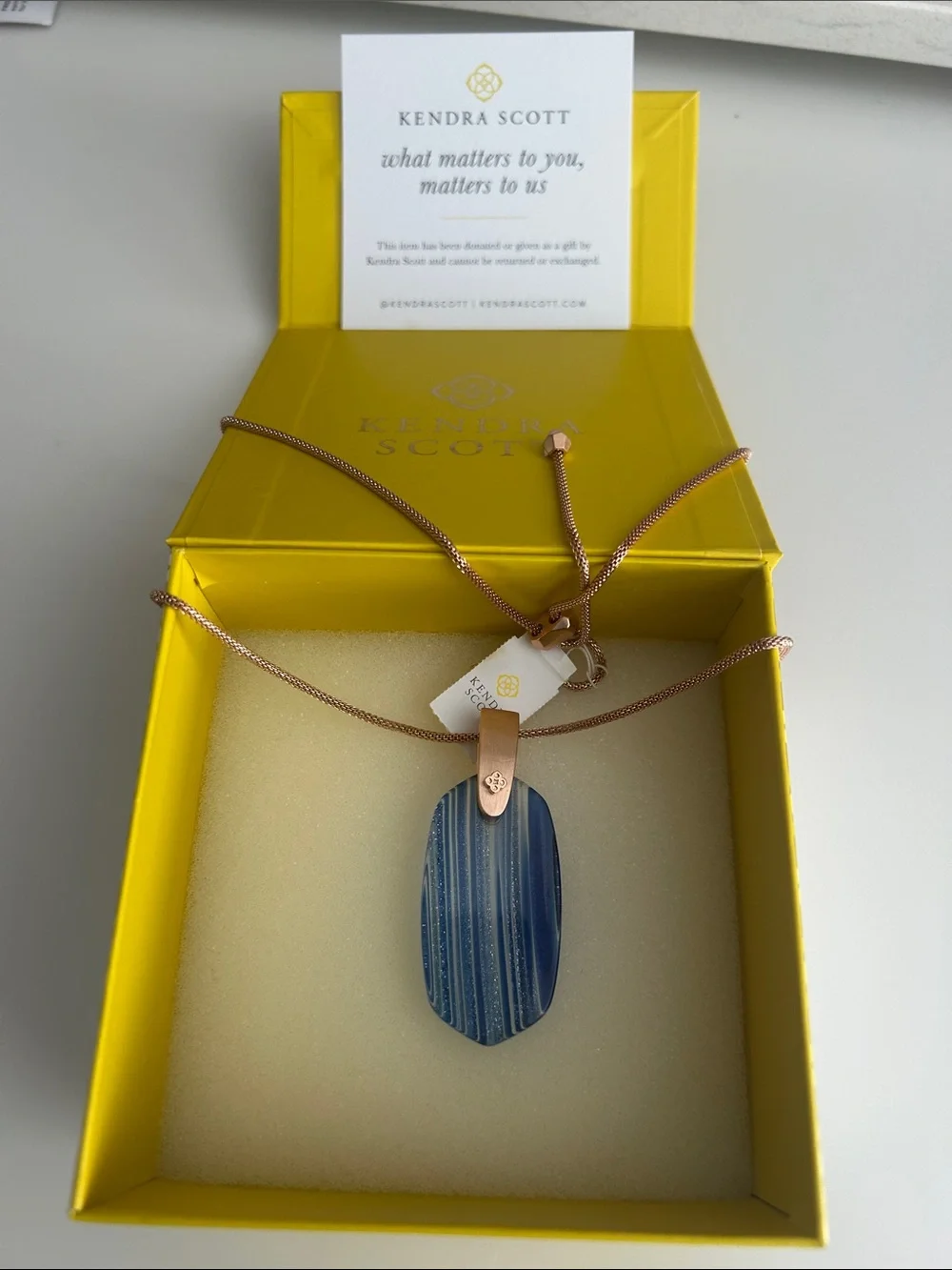 Kendra Scott Blue Striped Oval Pendant Necklace - Rose Gold Chain - Picture 1 of 1